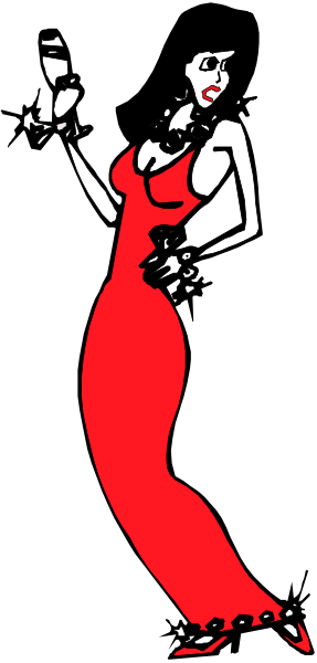 The image shows a red dress with black details on it against a white background; there is no other content visible due to its small size.