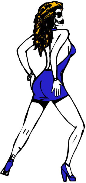 The image shows a woman dancing with her hands on hips against a dark background; she is wearing high heels and has blonde hair styled in waves over one shoulder.