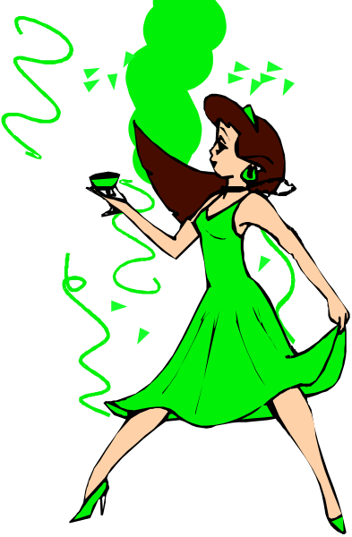 The image shows a cartoon of an animated female character with green hair standing on her tiptoes while holding out what appears to be smoke from both hands; she is wearing a black dress that has white spots, and there's a trail behind her suggesting movement or magic being cast.