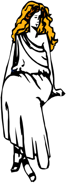 The black and white illustration features a woman with long hair sitting on what appears to be an object resembling a bench; she is wearing flowing robes that drape over her legs as if in motion, giving off a sense of movement despite being still.