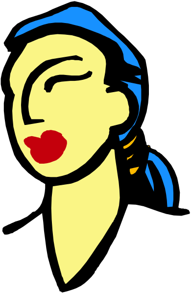 The image shows a stylized cartoon of an adult woman with red lips against a black background.