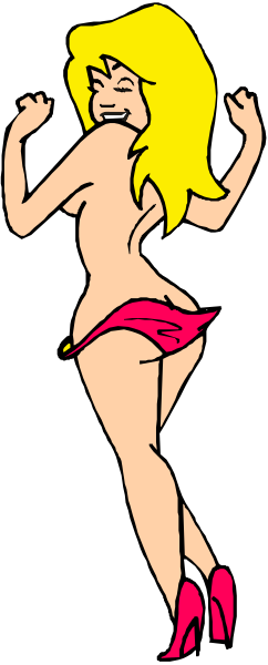 The image shows a cartoon of an animated female character with blonde hair wearing red lingerie standing on her tiptoes in front of black background; she is smiling broadly while looking to one side, and there's no text present.