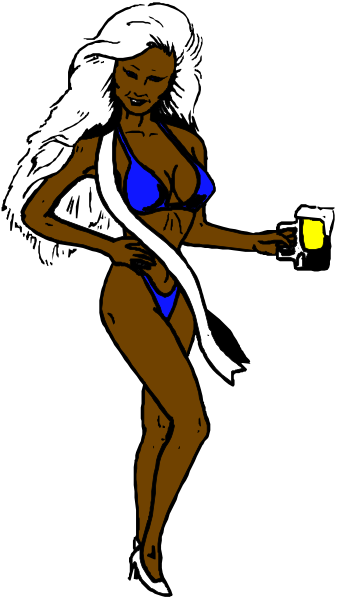 The image shows a cartoon of an African American woman wearing blue bikini bottoms standing with her hand on hip in front of what appears to be a towel rack holding towels. She is also depicted as having long hair and carrying a drink, possibly coffee or tea, which she holds near the viewer's perspective. The background consists of black space that contrasts sharply against the woman figure.