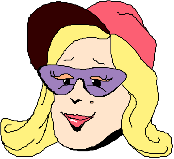 The image shows a cartoon of an animated female character with exaggerated features such as large eyes and lips wearing sunglasses over her closed eyes, purple hair styled in bangs, and holding what appears to be a hat on top of her head. She is smiling broadly at the viewer while looking directly ahead. The background behind this figure seems dark but does not provide any additional context or details about setting.