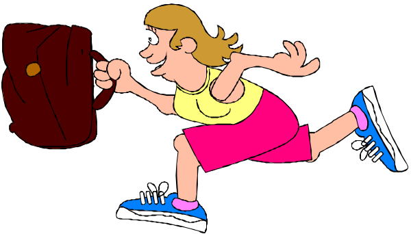 The cartoon shows a girl running with her arms outstretched towards two suitcases on wheels behind her; she is wearing shorts and sneakers.