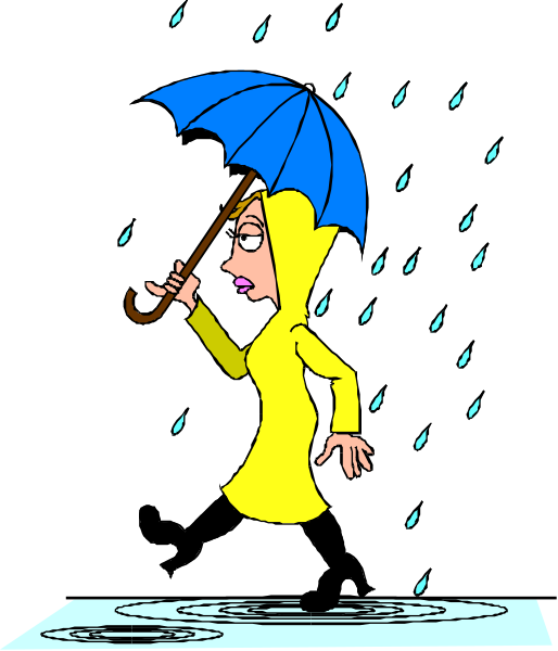 The cartoon shows a woman holding an umbrella on a rainy day; she is wearing yellow clothing with black hair.