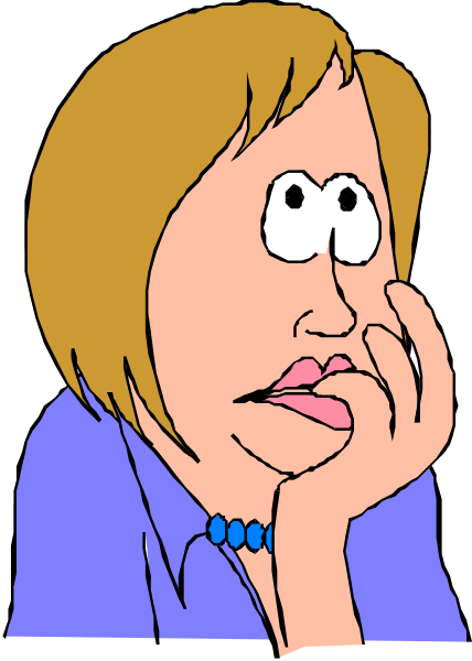 The cartoon shows a woman with blonde hair wearing glasses looking to her left while holding her chin thoughtfully; she is dressed in blue clothing.