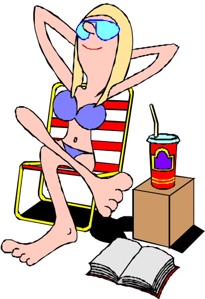 The cartoon depicts a woman sitting on an outdoor chair with her legs crossed over each other while wearing sunglasses and holding a drink in one hand; she is dressed in a bikini top and shorts, has blonde hair styled upwards, and appears to be enjoying the sunshine. She's seated next to what looks like a book or magazine on an end table with wheels attached for mobility. The background suggests it might be summertime due to her attire; there is no text present in this image.