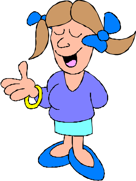 The cartoon shows a girl with blue hair wearing glasses standing on her head while holding out an open hand as if she's offering something to someone off-screen.