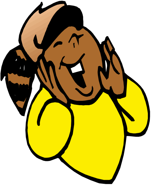 The image shows a cartoon of an animated character with exaggerated facial features such as large eyes and mouth wide open laughing, wearing yellow clothing against a dark background.