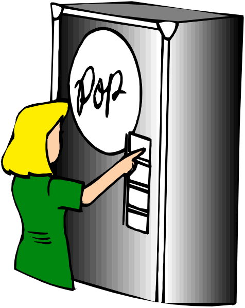 The cartoon depicts a woman interacting with an ATM machine; she is pointing at it while standing next to it in front of a building labeled "POP".