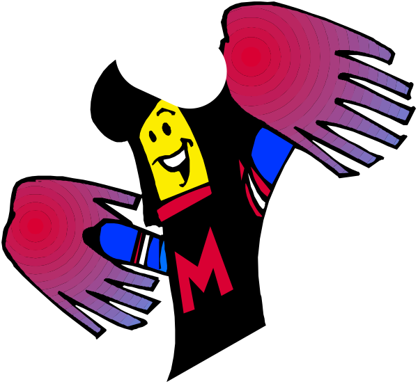 The image shows a cartoon character with wings on its arms standing against a black background; it appears to be an animated depiction of someone in flight attire holding out their hands as if flying through space.