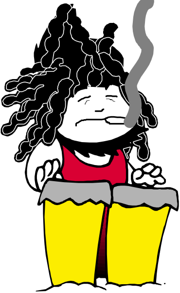 The image shows a cartoon of an animated character holding a cigarette with smoke coming out while standing next to what appears to be a cupcake stand in front of them.
