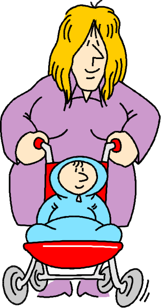 The cartoon shows a woman pushing an infant stroller with wheels while standing on what appears to be a sidewalk next to her home; she is wearing pajamas and has blonde hair tied back in a bun, smiling at someone off-frame who seems amused by something the baby might have done.