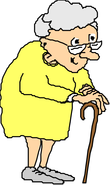 The cartoon shows an elderly woman with white hair leaning on a cane while standing next to her yellow dress.