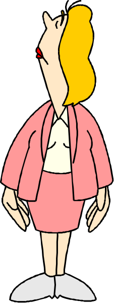 The cartoon shows a woman with blonde hair wearing pink clothing standing against a black background; she is holding her hand to her face as if in surprise or shock.