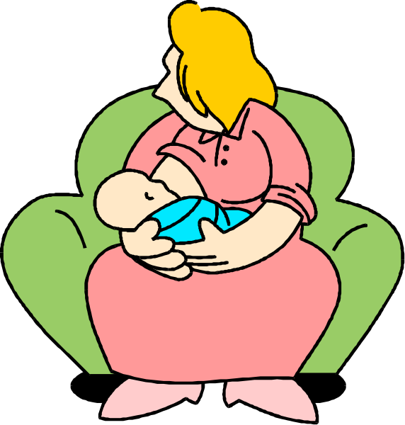 The image shows a woman sitting on a couch holding an infant while another person is standing behind her with their back to us; both individuals appear in two panels of this diptych illustration.