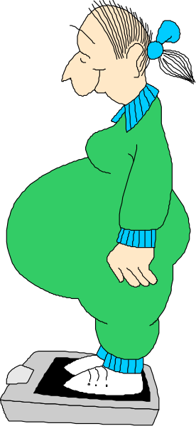 The cartoon shows a man standing on top of a scale with his arms outstretched as if he is balancing himself; it's in black-and-white coloring book format.