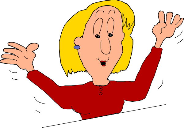 The cartoon shows a woman with blonde hair wearing red clothing who appears to be excitedly gesturing her arms outward while standing in front of what looks like an audience; she has large eyes that seem surprised, and there is no background detail provided.