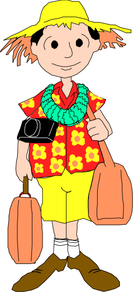 The cartoon depicts a man with red hair wearing sunglasses standing next to an orange suitcase holding two items: one is labeled "camera" while the other has no label; he's dressed in yellow shorts, blue shirt and hat adorned with flowers, carrying luggage on his shoulders.