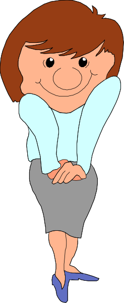 The image shows a cartoon of an adult woman with brown hair wearing glasses standing against a gray background; she is dressed in blue clothing including a shirt and skirt, has her hands on hips, and appears to be smiling slightly at someone off-camera.