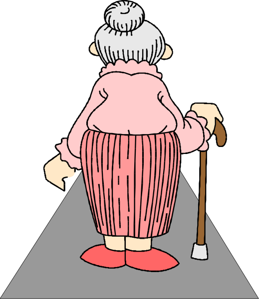 The illustration depicts a cartoon of an elderly woman with red shoes walking down what appears to be a sidewalk at nighttime.