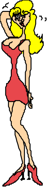 The image shows a black and white cartoon of an animated female character with red hair styled into waves on her head, wearing a tight-fitting dress that accentuates her figure; she is standing against what appears to be a gray background.