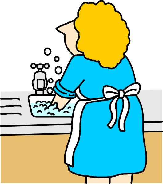 The cartoon depicts a woman washing dishes at a kitchen sink with bubbles visible on her hands; she is wearing an apron tied in front of her waist.