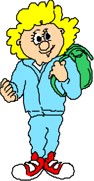 The cartoon shows a young boy with blonde hair wearing blue pajamas holding a green backpack while standing on what appears to be an escalator in front of a black background.