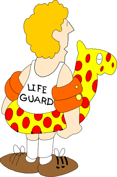 The cartoon shows a person wearing an orange life guard shirt holding onto a yellow stuffed animal with spots that resembles a giraffe while standing on what appears to be grass in front of trees under clear skies, and there is no text present.