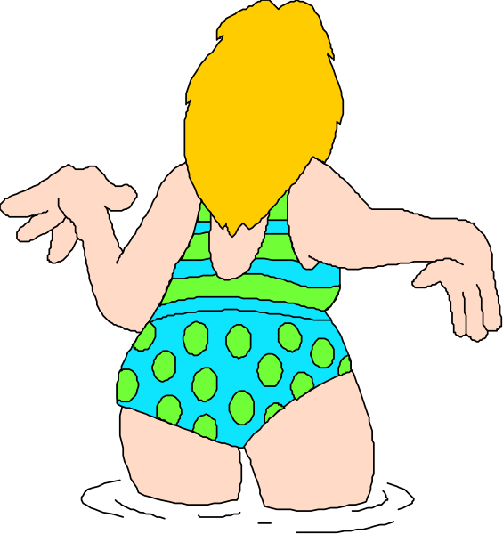 The image shows two cartoon illustrations of a woman wearing different swimsuits against contrasting backgrounds: on top is an older-style black and white photo with her in polka dot bikini, while below it's a colorful version where she wears blue dots instead.
