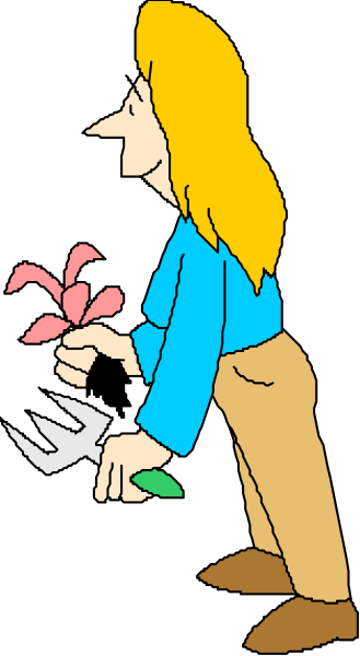 The image shows a cartoon of an adult woman with blonde hair walking down what appears to be a sidewalk carrying two potted plants in her hands; she is wearing blue clothing and has one hand on hip, while holding flowers near nose as if smelling them.