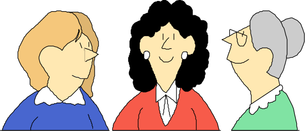 The image shows four animated characters standing side by side against a dark background; from left to right: an adult male with glasses wearing blue clothing, followed by two females of different ages—one appears young while the other is older and wears red attire, then another female who seems middle-aged or elderly in green. They all have simple facial features typical for clip art characters.