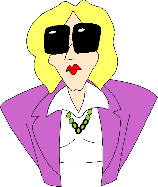 The cartoon shows a woman with blonde hair wearing sunglasses over her eyes; she has on purple clothing including a jacket and shirt, along with large earrings in both ears. She is standing against a dark background that appears to be solid black without any distinguishable features or objects present within the frame of this image.