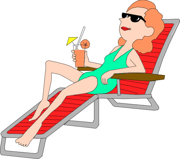 The cartoon depicts a woman lounging on an empty beach chair under her umbrella while holding a drink with straws in it; she is wearing sunglasses and has blonde hair.