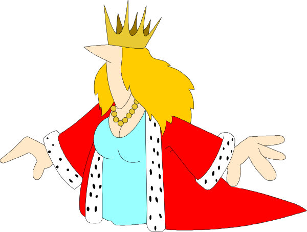 The image shows a cartoon of an animated character dressed as royalty with crowns on their head, wearing red robes, standing in front of black background; arms outstretched to either side while looking upwards towards something unseen above them.