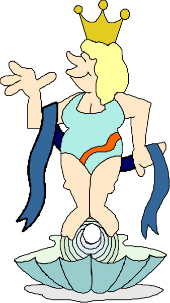 The image shows a cartoon of an animated character that resembles Miss Piggy from "The Muppets," standing on one foot with her other leg raised in front of her as if she's balancing, wearing blue shorts and holding what appears to be a scepter or wand. She is also adorned with a crown atop her head. The character has blonde hair styled into bangs that fall over the forehead, large eyes looking upwards towards something unseen in front of them, and an open mouth as if speaking or singing.