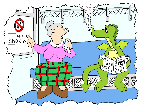 The cartoon shows a woman sitting on a bench with her legs crossed while holding an umbrella over herself; next to her is a green dragon character who appears surprised by something in front of them both.