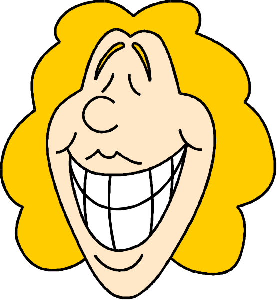 The cartoon shows a smiling face with blonde hair against a black background.
