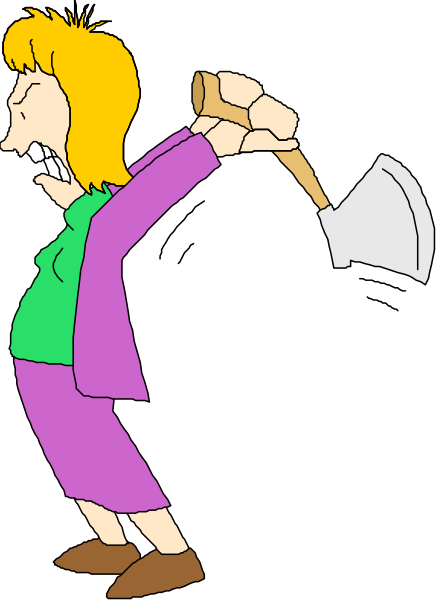 The cartoon shows a woman with blonde hair wearing glasses holding an axe over her shoulder while standing on what appears to be grassy ground in front of a dark background.