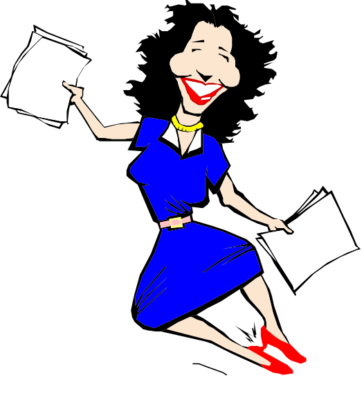 The cartoon shows a woman dressed as Marilyn Monroe with blonde hair wearing red high heels; she is holding papers in her hands while jumping upwards on one leg against a black background.