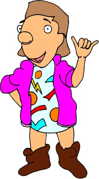 The image shows a cartoon character with blonde hair wearing sunglasses on top of their head, holding up an index finger to make peace sign gesture while standing in front of what appears to be a purple background that resembles a cloudy sky.