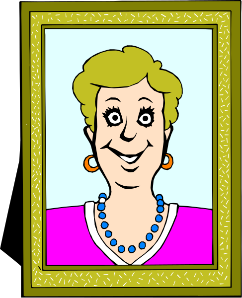 The picture shows a cartoon of an older woman with blonde hair wearing glasses, smiling at something off-frame to her right; she is dressed in pink clothing and has large earrings on.