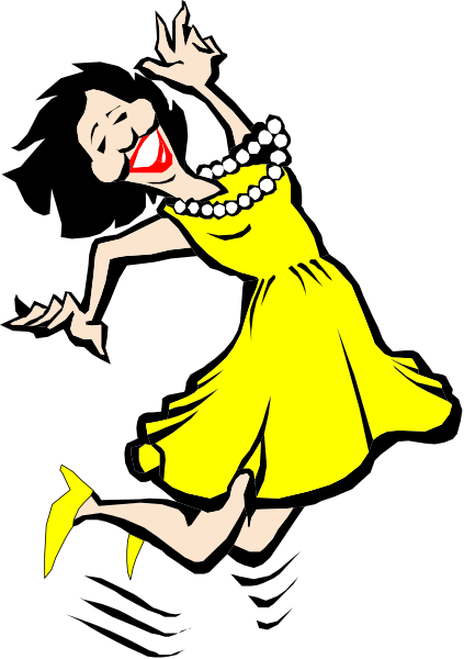 The black and white cartoon shows a woman with exaggerated features jumping joyfully while wearing yellow shoes; she is holding her arms out to either side in excitement.