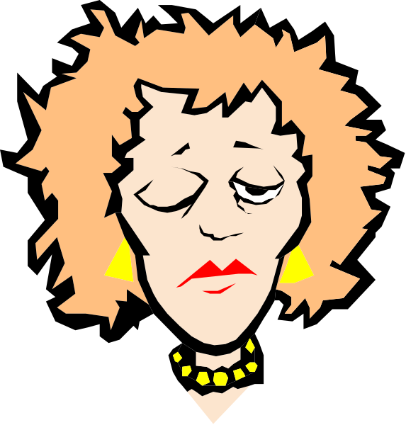 The image shows a cartoon of an older woman with red hair wearing large gold earrings; she has her eyes closed as if asleep or in deep thought.