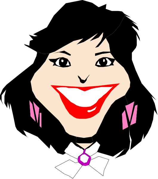 The image shows a cartoon of an animated character with exaggerated facial features such as large eyes and lips, wearing earrings and smiling broadly against a black background.