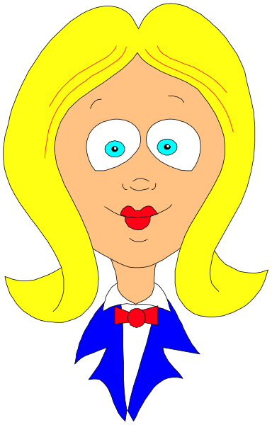 The image shows a cartoon of an animated character with blonde hair styled into bangs, wearing red lipstick on her lips, blue eyeshadow around her eyes, and a wide-open mouth revealing teeth. She has long eyelashes that appear to be false or exaggeratedly enhanced in size. Her eyebrows are arched upwards towards the center of her forehead. The character is dressed as an adult woman with blonde hair styled into bangs, wearing red lipstick on her lips and blue eyeshadow around her eyes. She has long eyelashes that appear to be