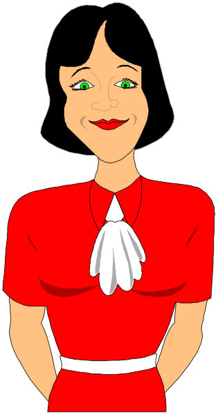 The image shows a cartoon of an animated character who appears to be female with red hair styled into bangs on either side of her head; she is wearing glasses over one eye that has been replaced by what seems like a white, gloved hand. She's dressed in a classic style reminiscent of mid-20th century fashion: a short sleeve dress and pearls around the neckline. The character stands against a plain background with no additional context provided about her surroundings or actions beyond being depicted as standing still within this frame.