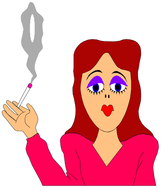 The cartoon shows a woman with purple eyeshadow holding an unlit cigarette between her fingers while smoking from it; she has red hair styled in bangs over one eye, is wearing pink lipstick, and appears to be indoors against a dark background that includes what looks like the silhouette of another person.