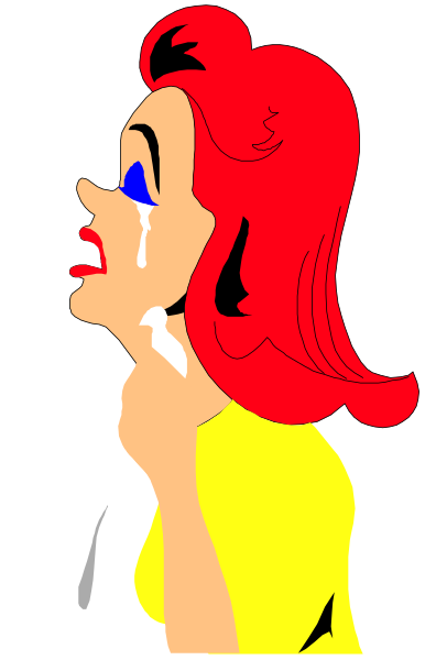 The image shows a cartoon of an animated female character with red hair who is holding her hand to her mouth as if she's crying out in distress while looking upwards towards something unseen above her head, possibly expressing surprise or shock at what happened off-screen; there are no other objects present.